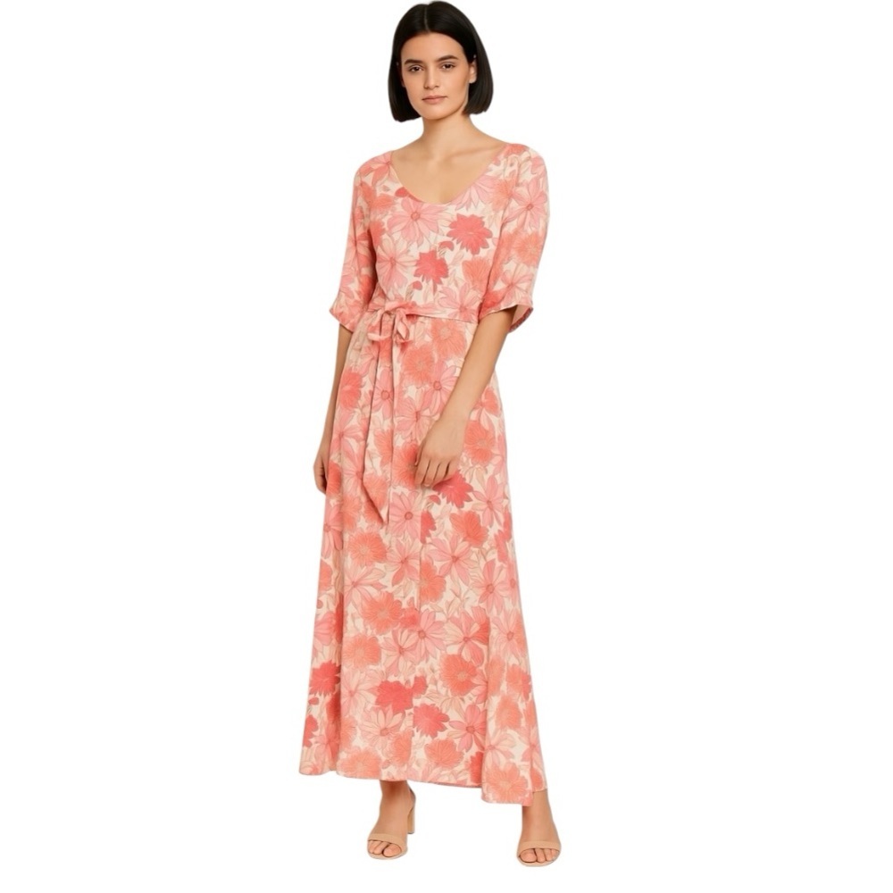 Vici Pink Floral V Neck Half Sleeve A-Line Long Maxi Dress Women’s Large